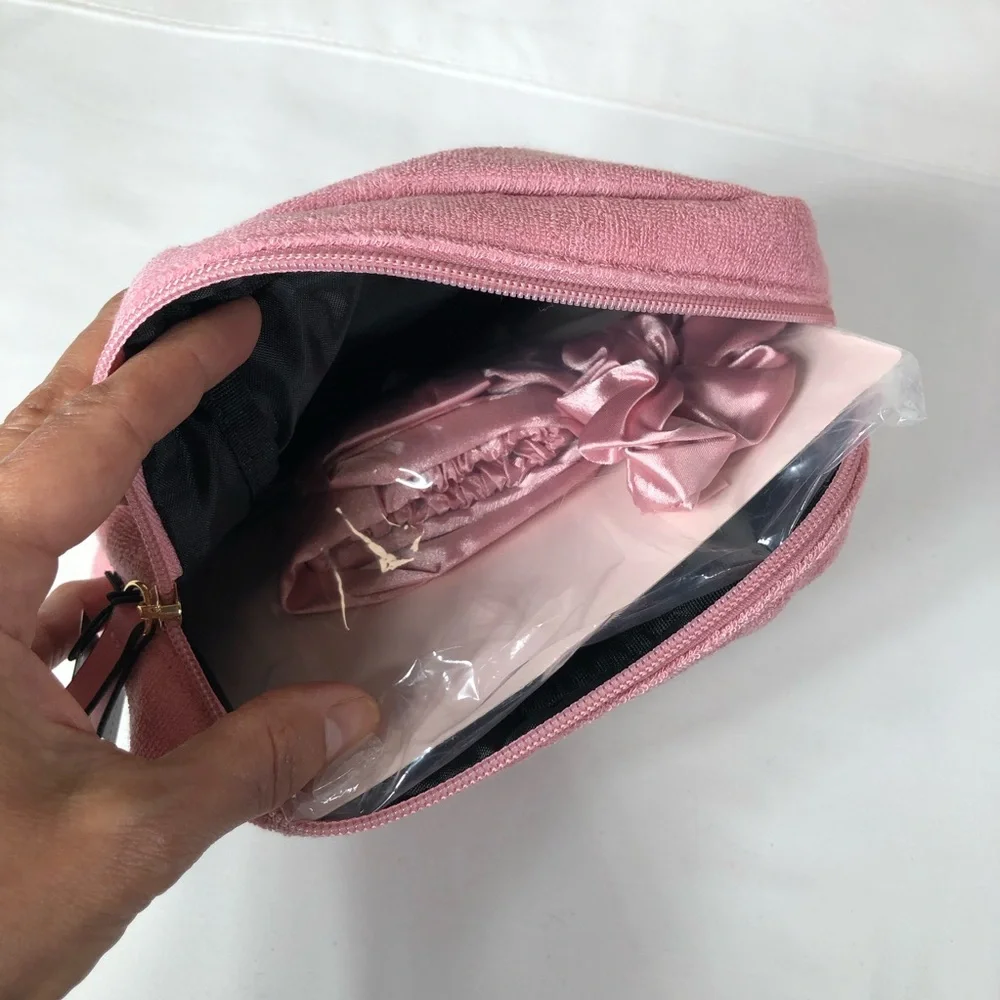 Victoria's Secret Terry Monogram Pink Cosmetic Make-up Bag Headband & Scrunchie